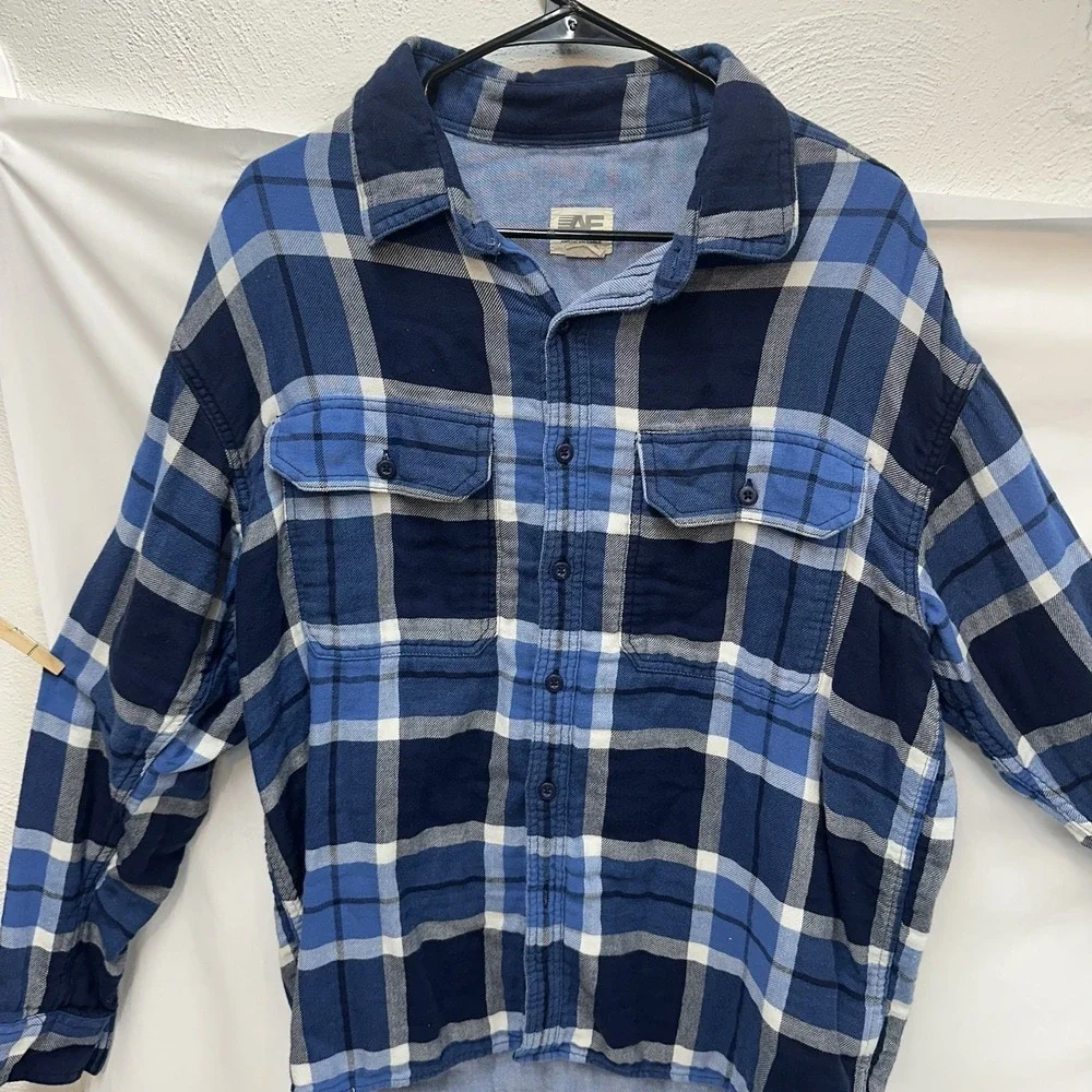 American Eagle Super Soft Flannel Button Plaid Front Shirt Sz XL Blue White - Picture 3 of 8